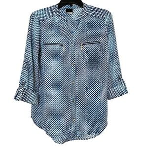 JTB Blue Geometric Print Button Front Blouse Roll Tab Sleeves Sz Medium